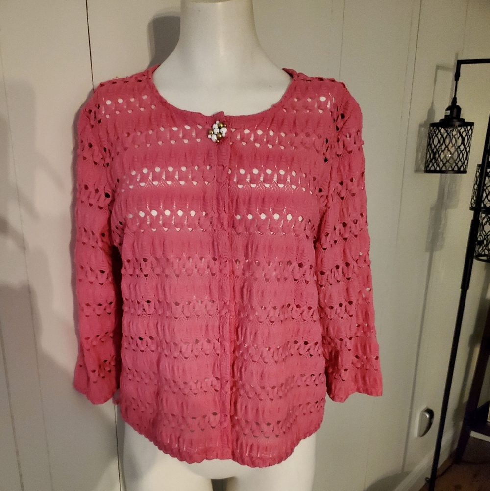 Pink Crochet Knit Button-Up Cardigan